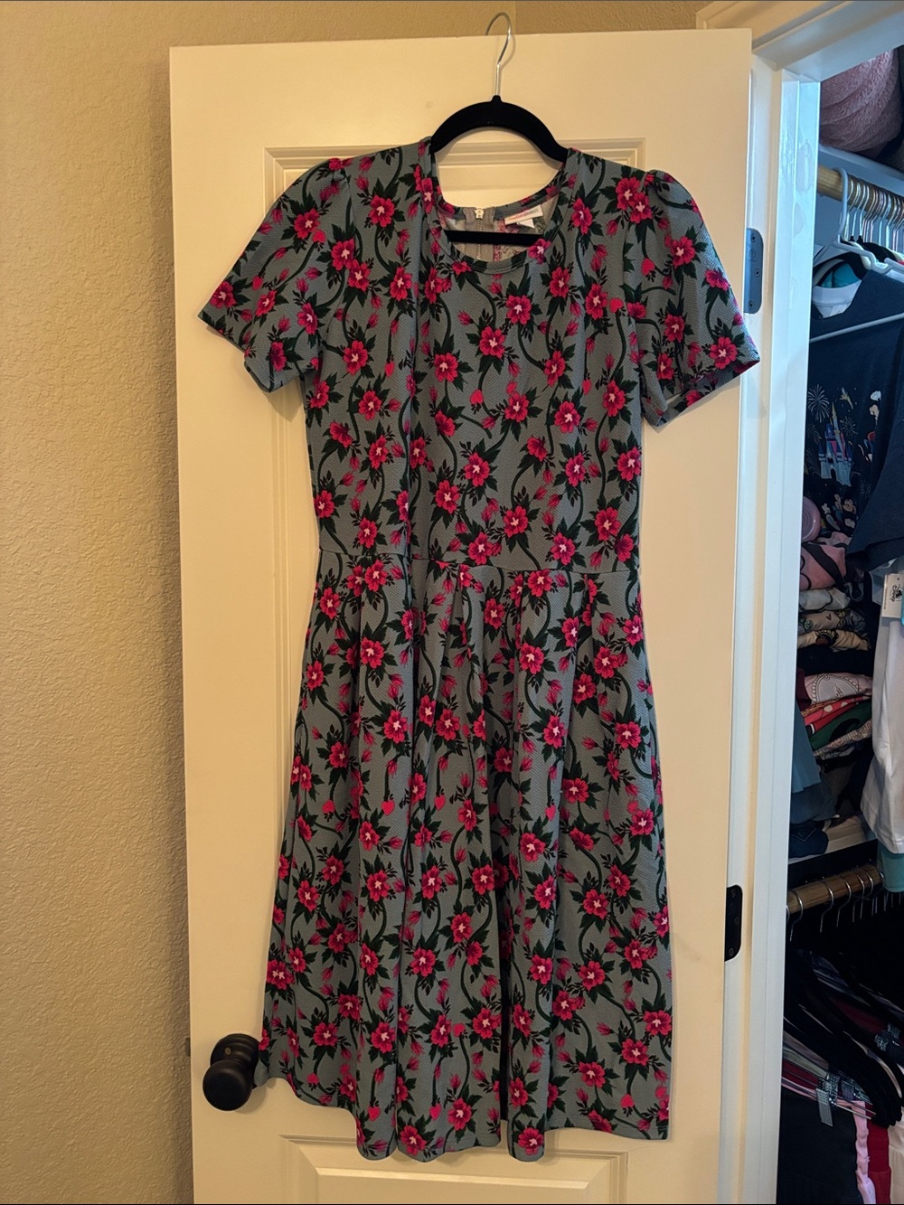Lularoe original Amelia w Fit & Flare Dress in Teal with Pink Flowers